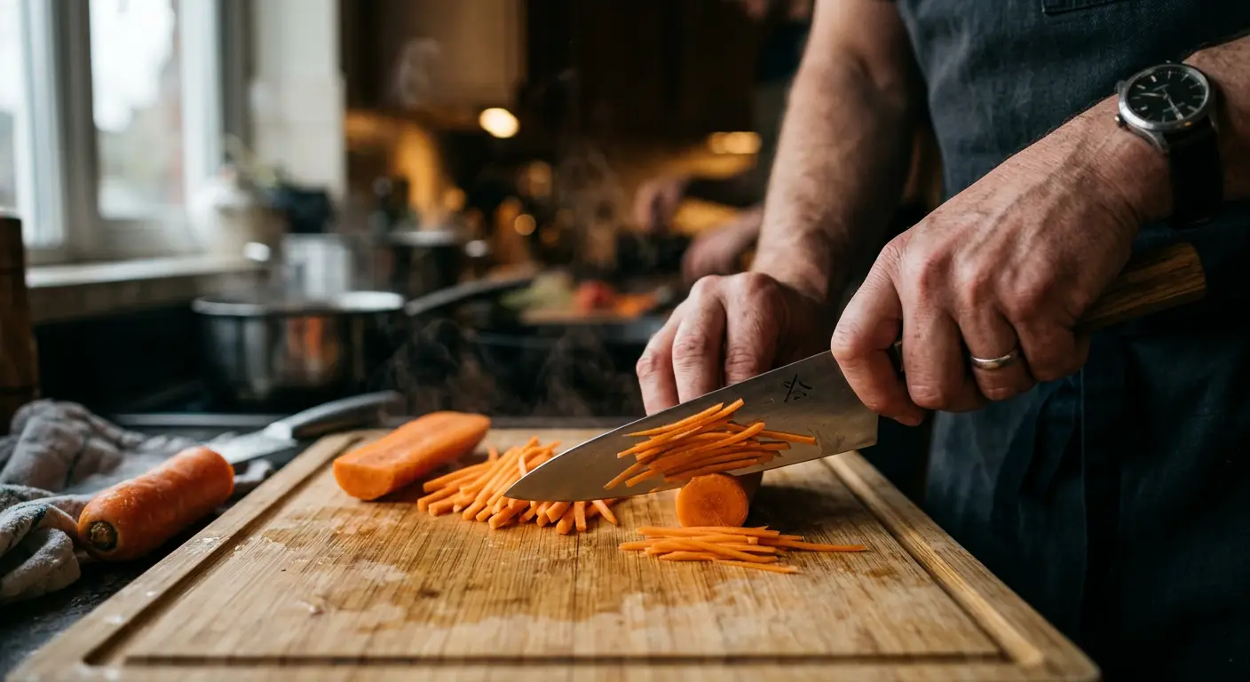 การหั่นแครอทด้วยมีดครัวบนเขียงไม้